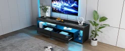 Meuble TV 180x40x46 cm avec LED 16 couleurs et 2 tiroirs, finition laquée noire, plateau verre trempé