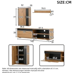 Meuble TV 140x35x39 cm avec rangements, portes Soft-Close et finitions chêne/noir, set mural 3 pièces