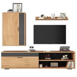 Meuble TV 140x35x39 cm avec rangements, portes Soft-Close et finitions chêne/noir, set mural 3 pièces