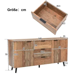 Meuble TV 140x35x70 cm avec rangements et 3 tiroirs, étagères réglables, style vintage bois brun vieilli