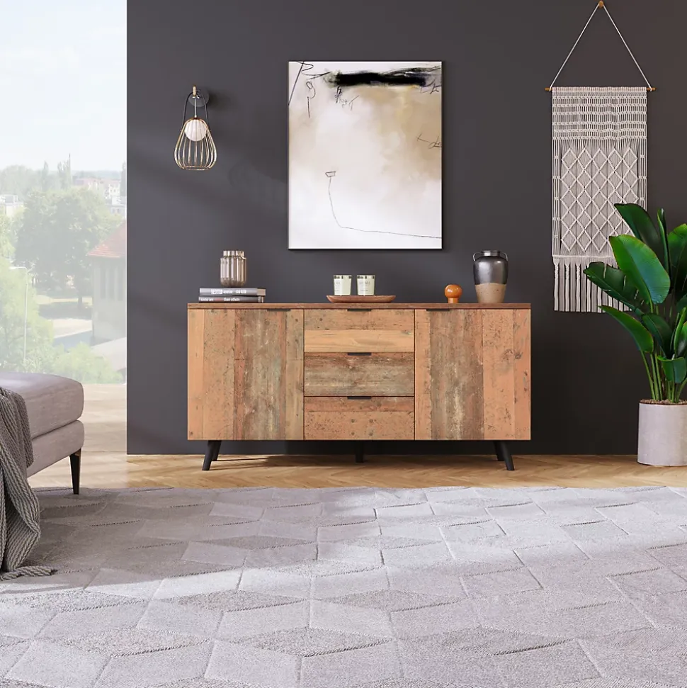 Meuble TV 140x35x70 cm avec rangements et 3 tiroirs, étagères réglables, style vintage bois brun vieilli
