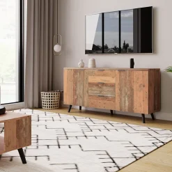 Meuble TV 140x35x70 cm avec rangements et 3 tiroirs, étagères réglables, style vintage bois brun vieilli