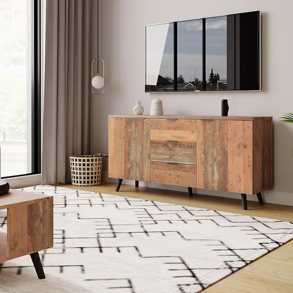 Meuble TV 140x35x70 cm avec rangements et 3 tiroirs, étagères réglables, style vintage bois brun vieilli