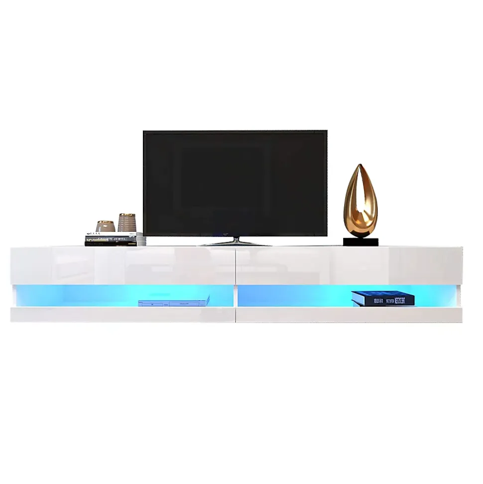 Meuble TV 140x40x30,5 cm blanc brillant avec éclairage LED réglable et rangements suspendus pratiques