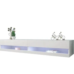 Meuble TV 140x40x30,5 cm blanc brillant avec éclairage LED réglable et rangements suspendus pratiques