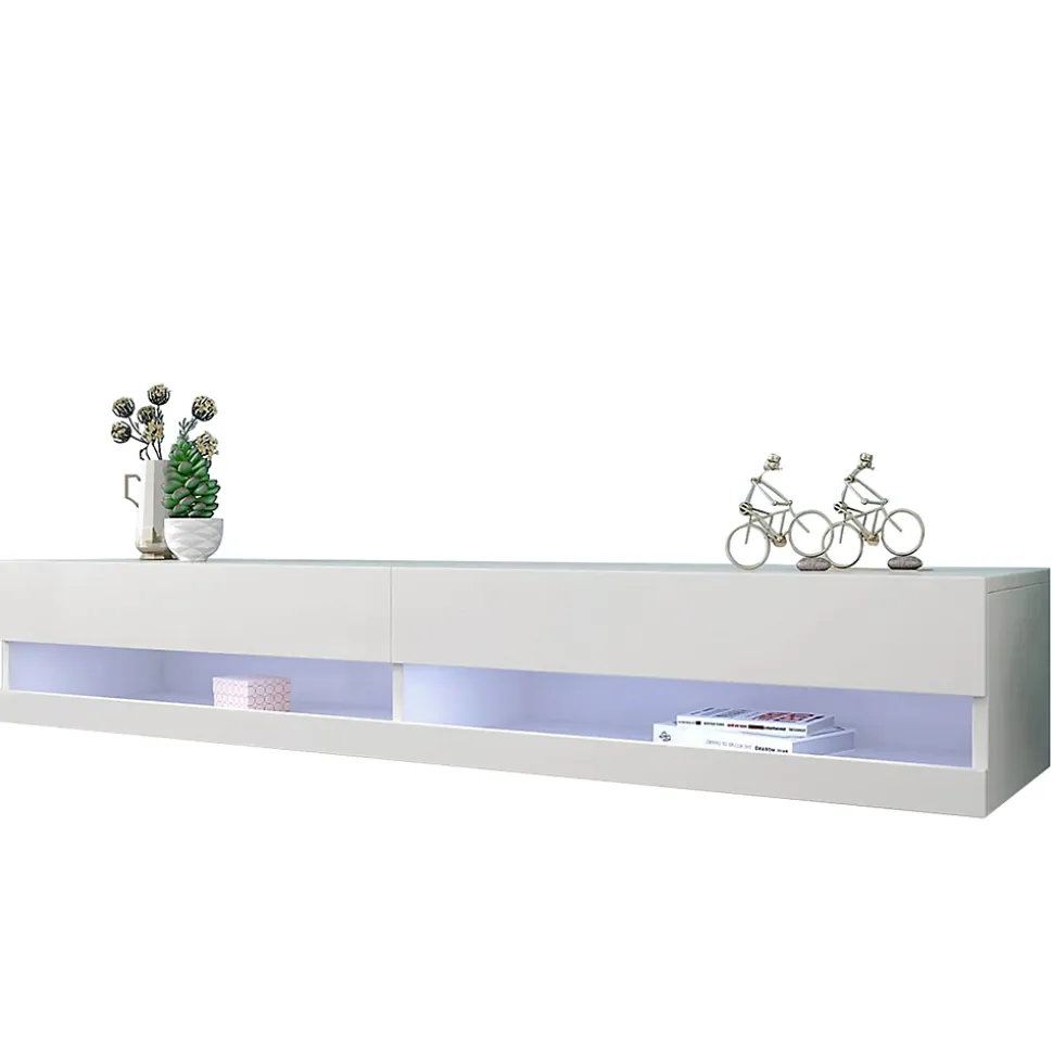 Meuble TV 140x40x30,5 cm blanc brillant avec éclairage LED réglable et rangements suspendus pratiques