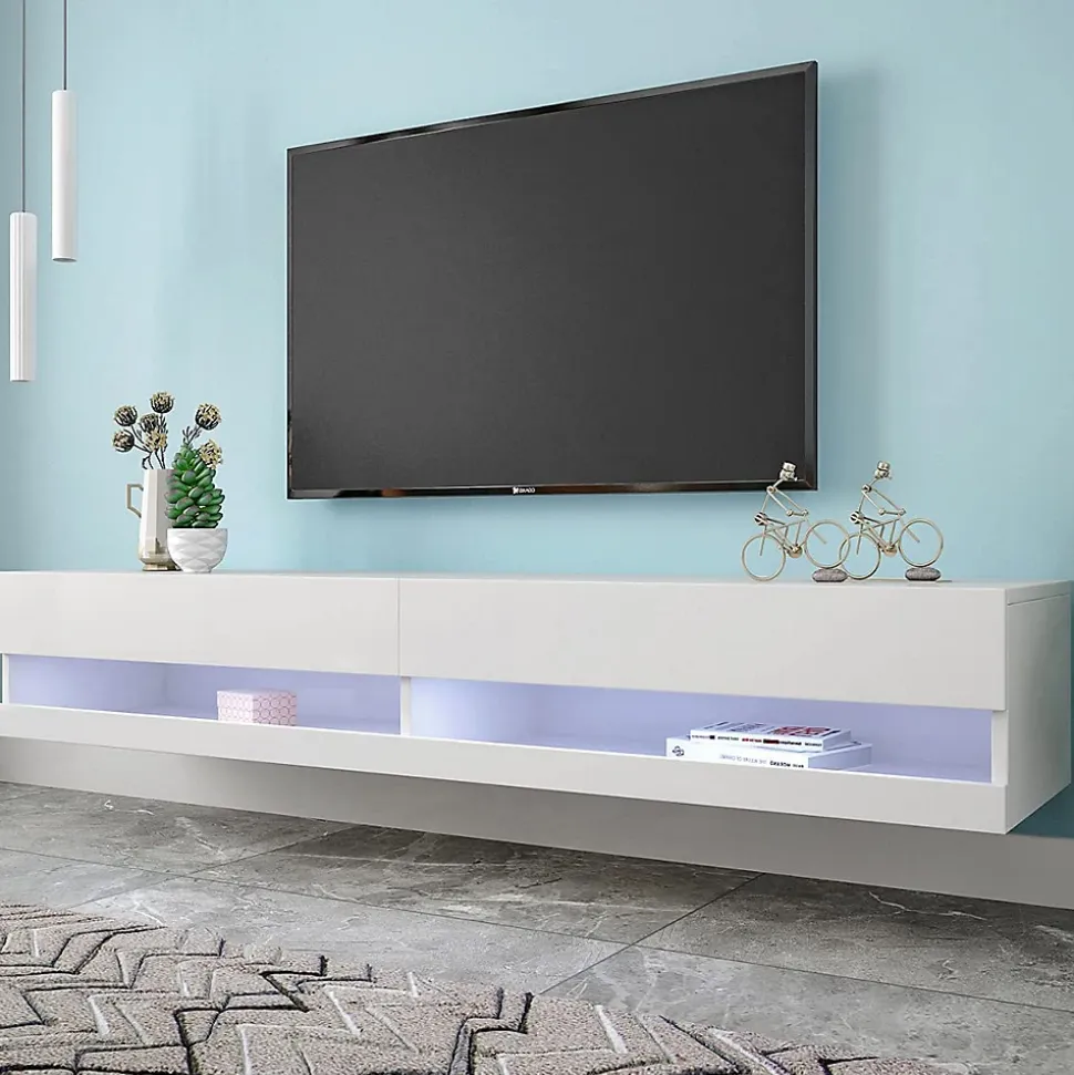 Meuble TV 140x40x30,5 cm blanc brillant avec éclairage LED réglable et rangements suspendus pratiques