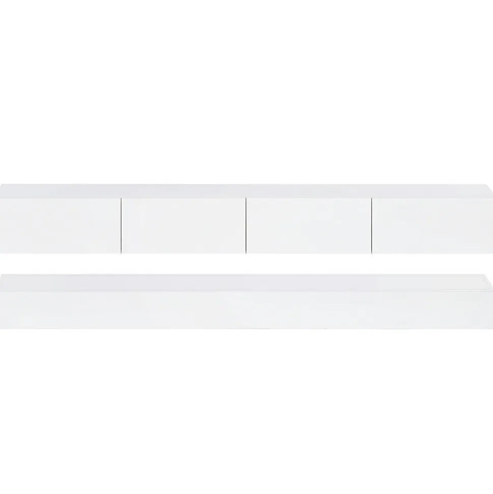Meuble TV 130x33x15 cm blanc en MDF, suspendu, avec rangements et éclairage LED pilotable par application