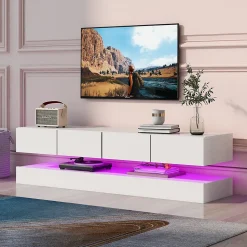 Meuble TV 130x33x15 cm blanc en MDF, suspendu, avec rangements et éclairage LED pilotable par application
