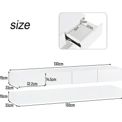 Meuble TV 130x33x15 cm blanc en MDF, suspendu, avec rangements et éclairage LED pilotable par application