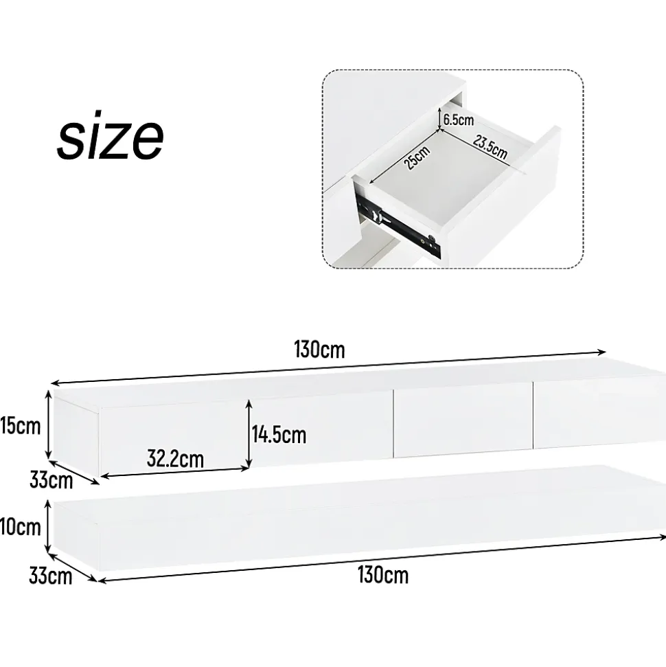 Meuble TV 130x33x15 cm blanc en MDF, suspendu, avec rangements et éclairage LED pilotable par application