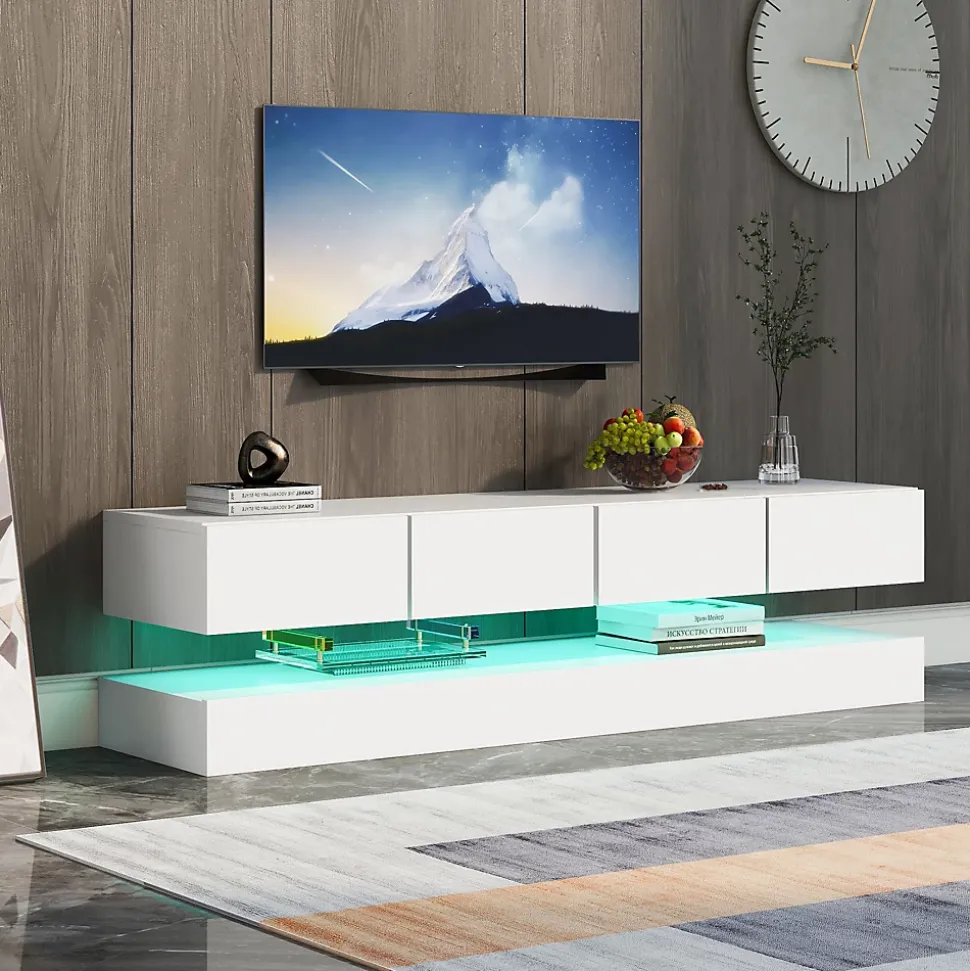 Meuble TV 130x33x15 cm blanc en MDF, suspendu, avec rangements et éclairage LED pilotable par application
