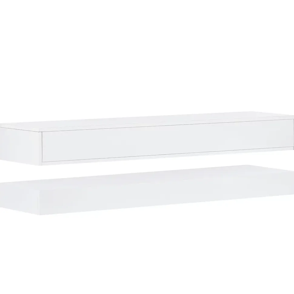 Meuble TV 130x33x15 cm blanc en MDF, suspendu, avec rangements et éclairage LED pilotable par application