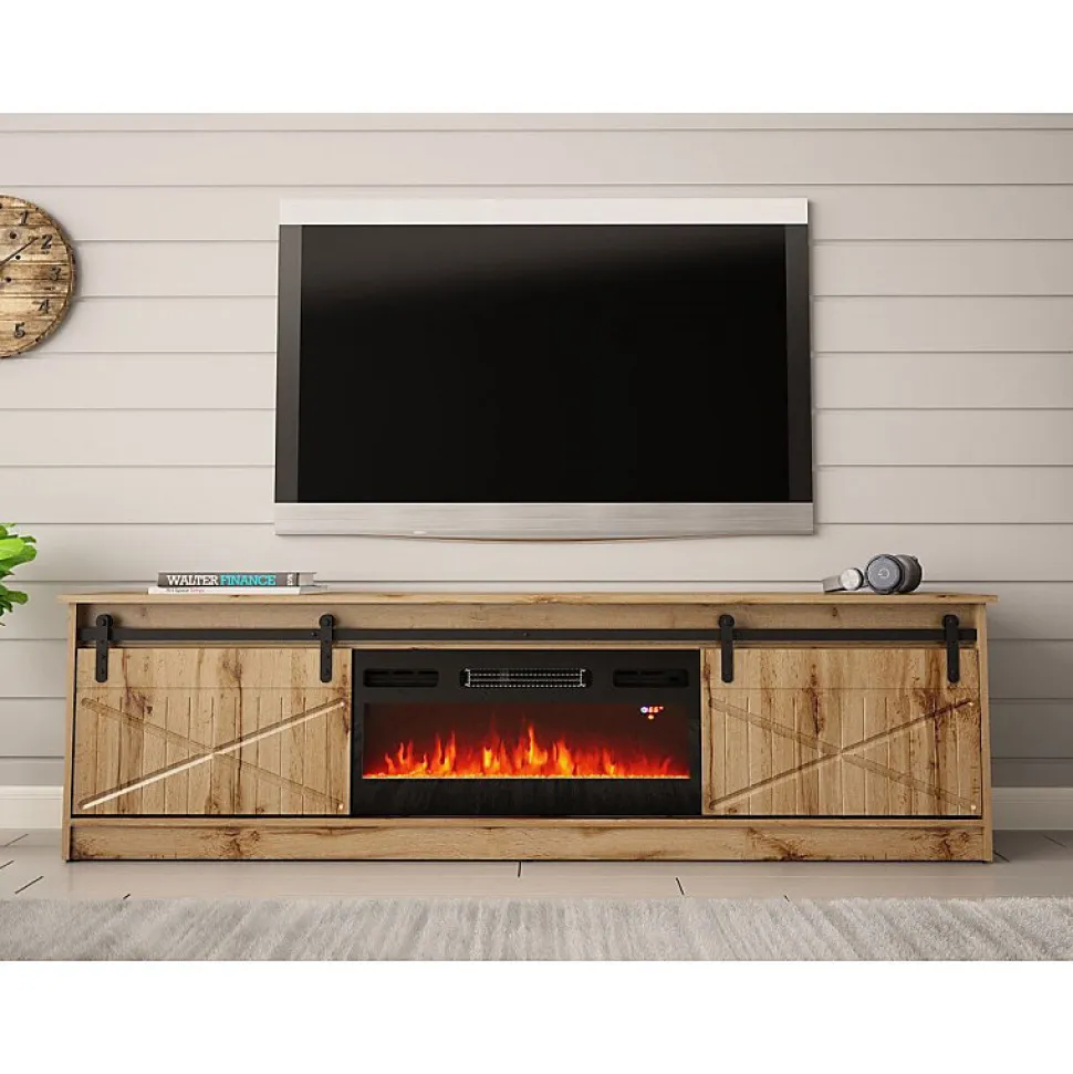 Meuble TV 200x57x35 Cm Couleur Chêne Wotan Grange Cheminée Chauffante Intégrée Meuble À Poser