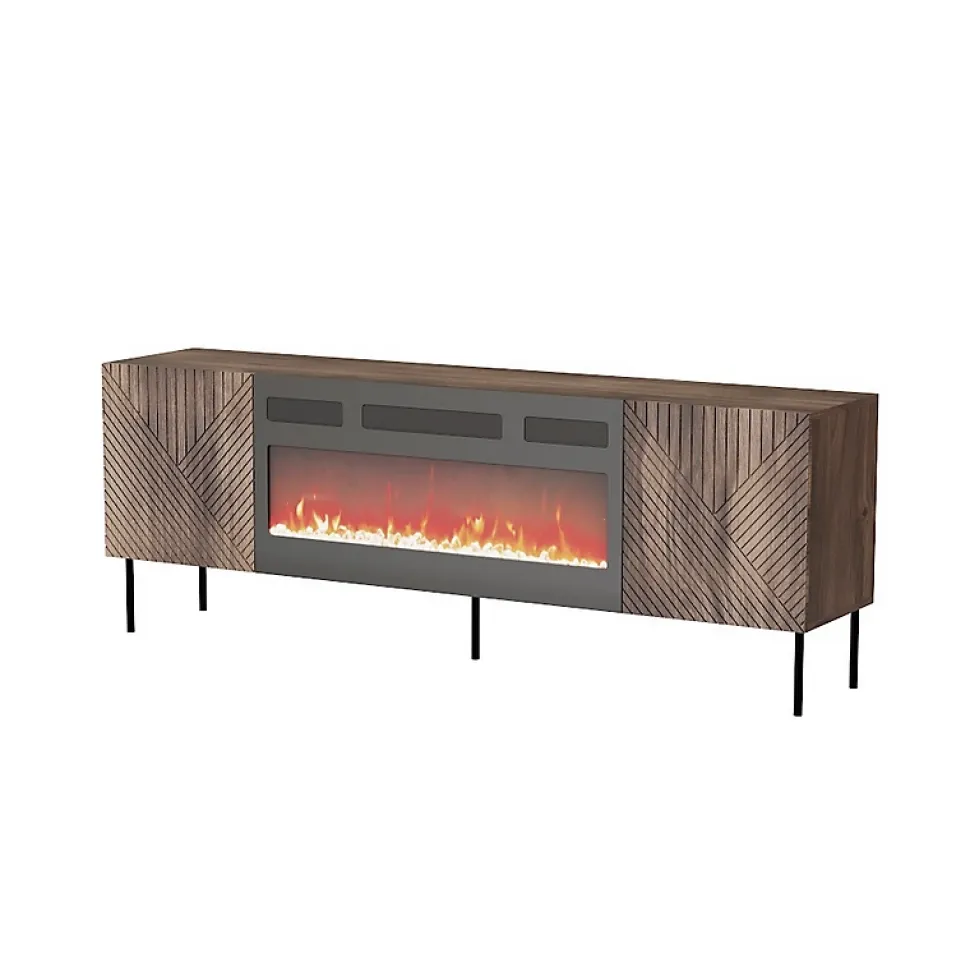 Meuble TV 190x69x40 Cm Couleur Noix Noco Avec Cheminée Intégrée Noir Meuble Hi-fi