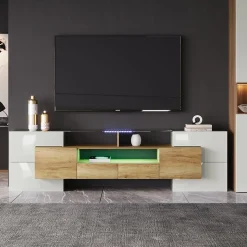 Meuble TV 200x35x60 cm en MDF blanc laqué et bois naturel avec LED multicolore et rangements pratiques, moderne
