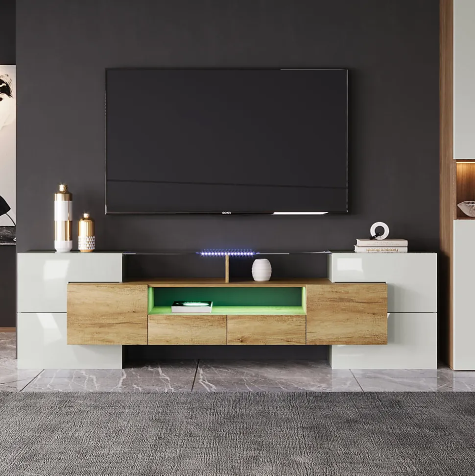 Meuble TV 200x35x60 cm en MDF blanc laqué et bois naturel avec LED multicolore et rangements pratiques, moderne