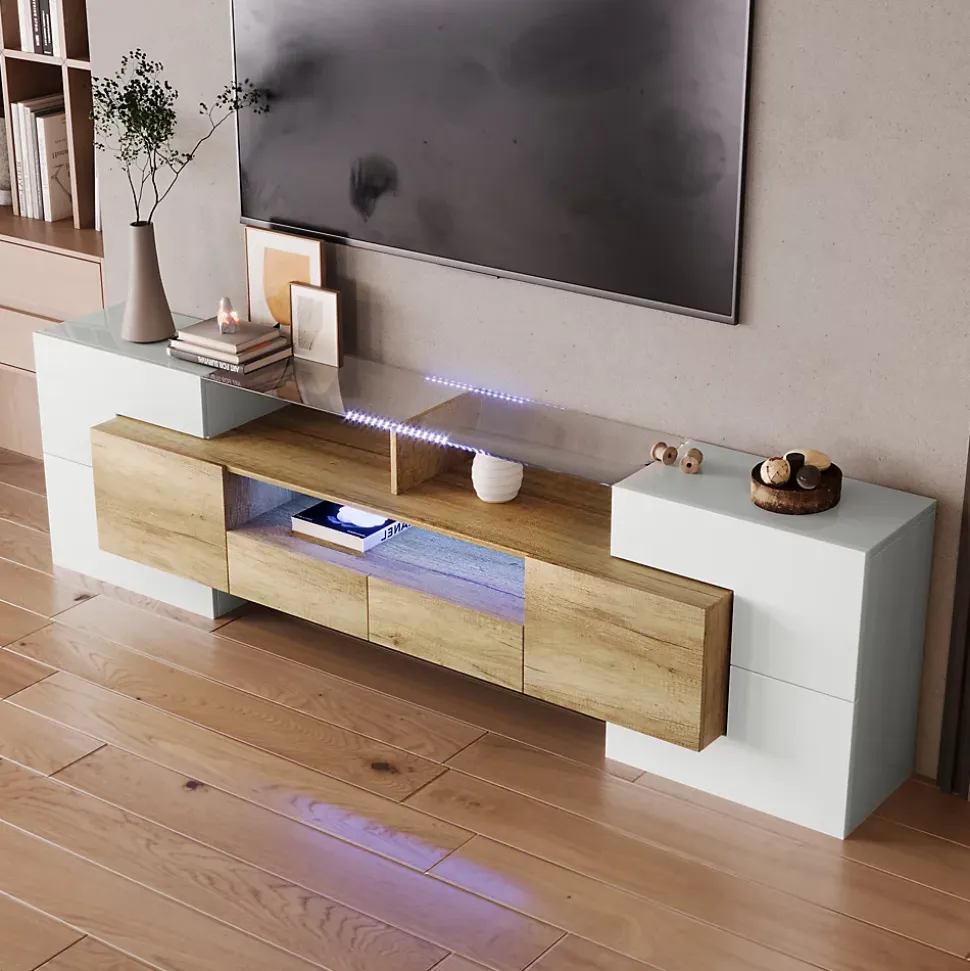Meuble TV 200x35x60 cm en MDF blanc laqué et bois naturel avec LED multicolore et rangements pratiques, moderne