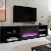 Meuble TV 200x51x33 Cm Noir Mat Rolli Avec Cheminée Intégrée Noir Meuble a Susprendre Ou a Poser