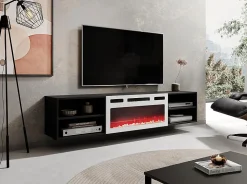 Meuble TV 200x51x33 Cm Noir Mat Rolli Avec Cheminée Intégrée Noir Meuble a Susprendre Ou a Poser