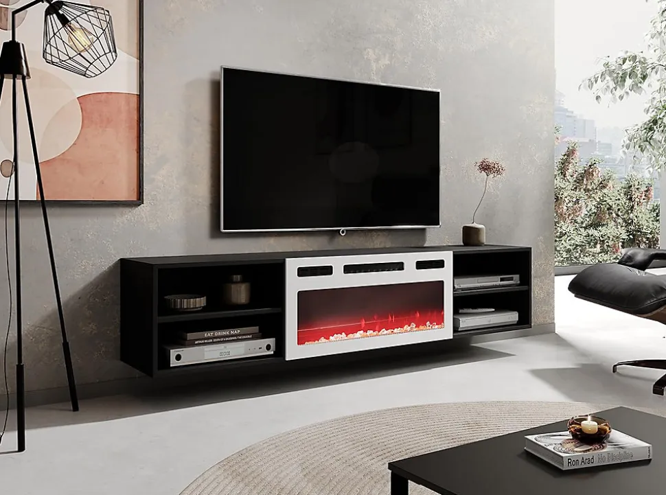 Meuble TV 200x51x33 Cm Noir Mat Rolli Avec Cheminée Intégrée Noir Meuble a Susprendre Ou a Poser