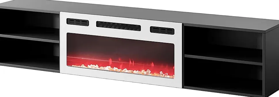 Meuble TV 200x51x33 Cm Noir Mat Rolli Avec Cheminée Intégrée Noir Meuble a Susprendre Ou a Poser