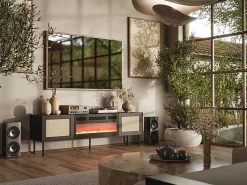 Meuble TV 180x55x40 Cm Noir Yota Avec Cheminée Intégrée Meuble Hi-fi Sur Pied
