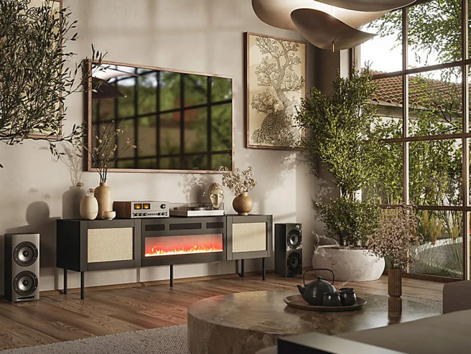 Meuble TV 180x55x40 Cm Noir Yota Avec Cheminée Intégrée Meuble Hi-fi Sur Pied