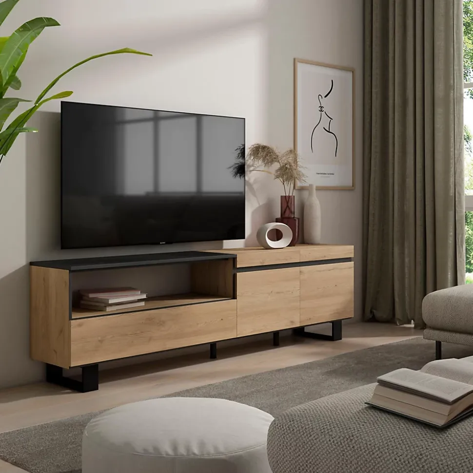 Meuble TV 200x35x57cm couleur chêne et noir