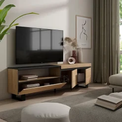 Meuble TV 200x35x57cm couleur chêne et noir