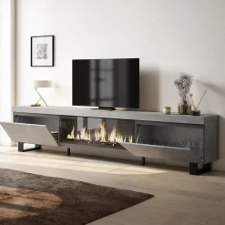 Meuble TV 267x35x57cm feu led sans chaleur XXL couleur gris ciment