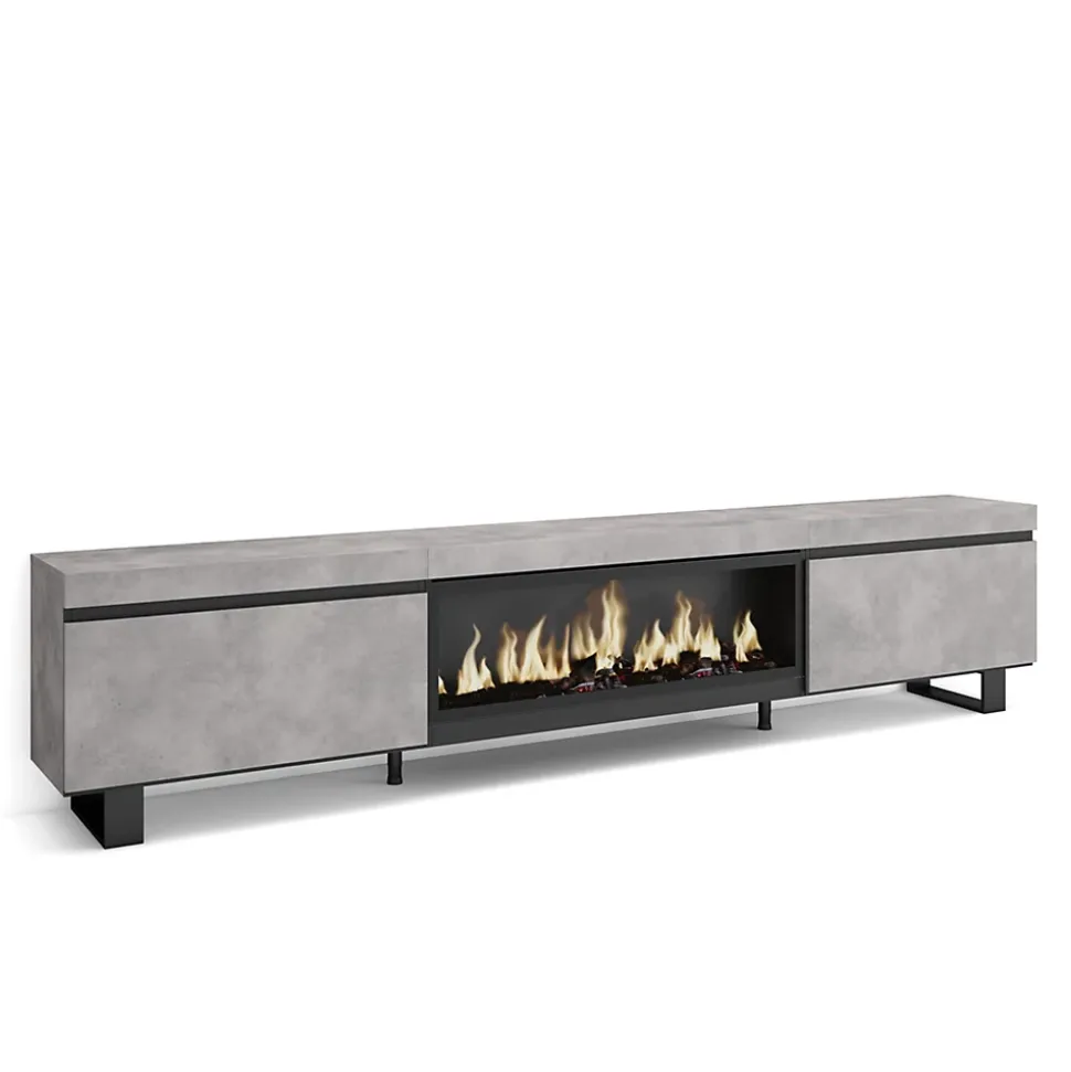 Meuble TV 267x35x57cm feu led sans chaleur XXL couleur gris ciment
