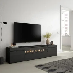 Meuble TV 200x35x45cm feu led sans chaleur couleur noir