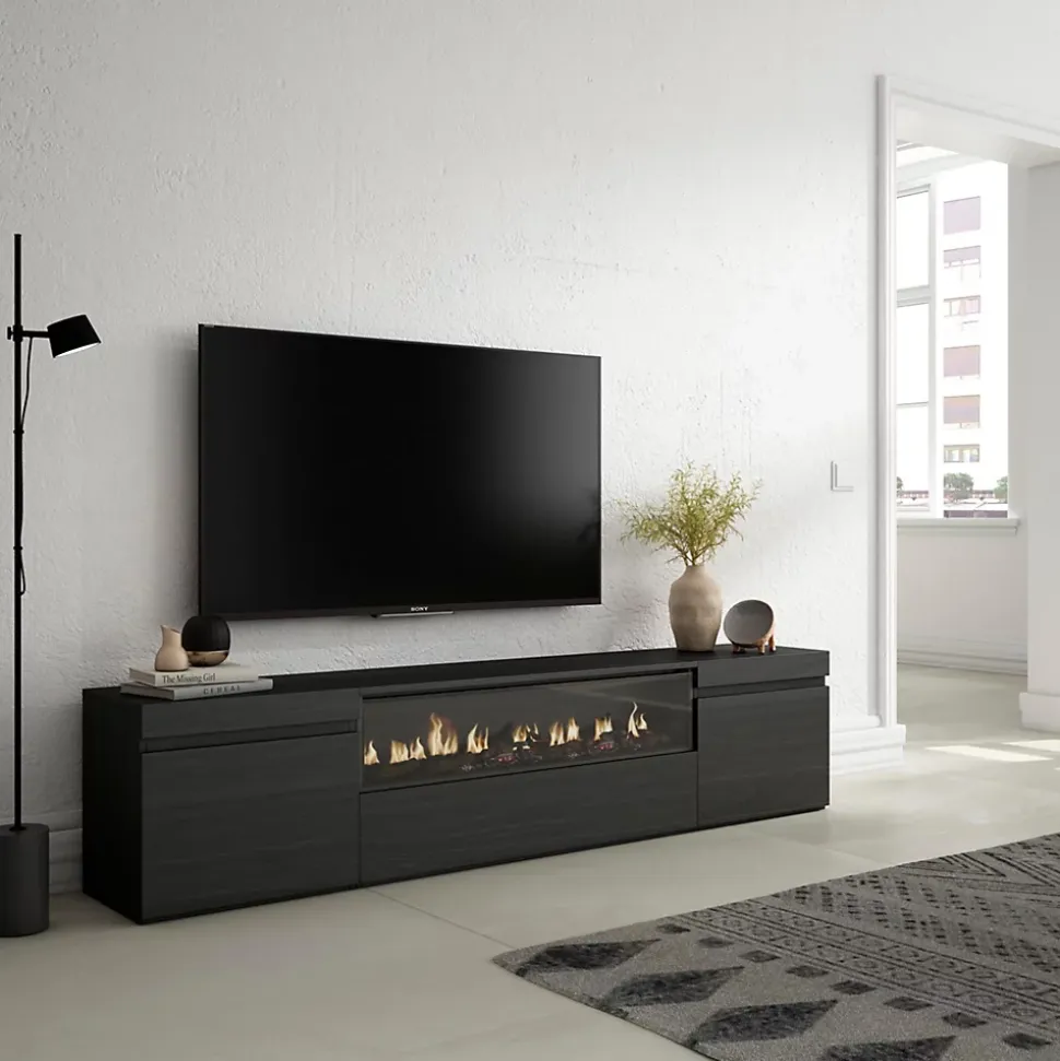 Meuble TV 200x35x45cm feu led sans chaleur couleur noir