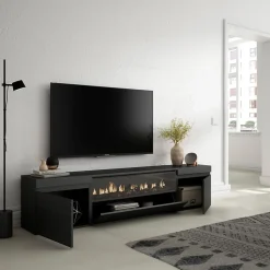 Meuble TV 200x35x45cm feu led sans chaleur couleur noir