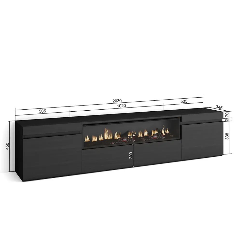 Meuble TV 200x35x45cm feu led sans chaleur couleur noir
