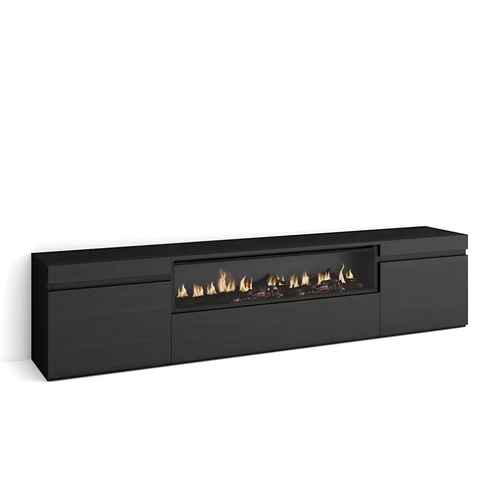 Meuble TV 200x35x45cm feu led sans chaleur couleur noir