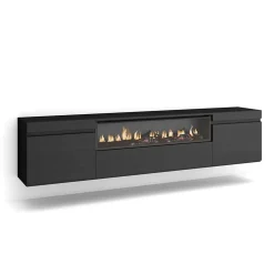 Meuble TV 200x35x45cm feu led sans chaleur mural couleur noir