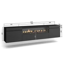 Meuble TV 200x35x45cm feu led sans chaleur mural couleur noir