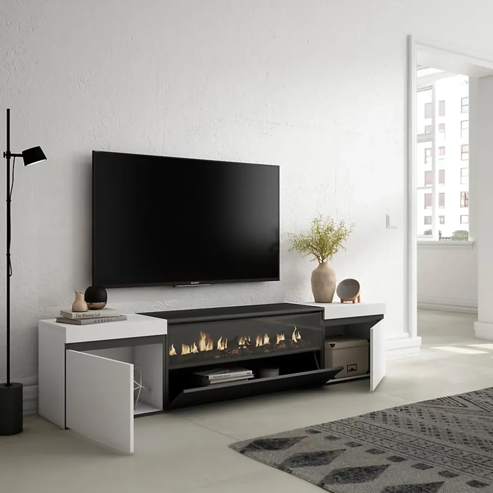 Meuble TV 200x35x45cm feu led sans chaleur couleur blanc et noir