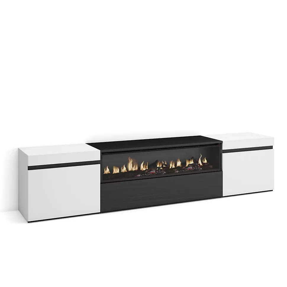 Meuble TV 200x35x45cm feu led sans chaleur couleur blanc et noir