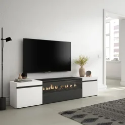 Meuble TV 200x35x45cm feu led sans chaleur couleur blanc et noir