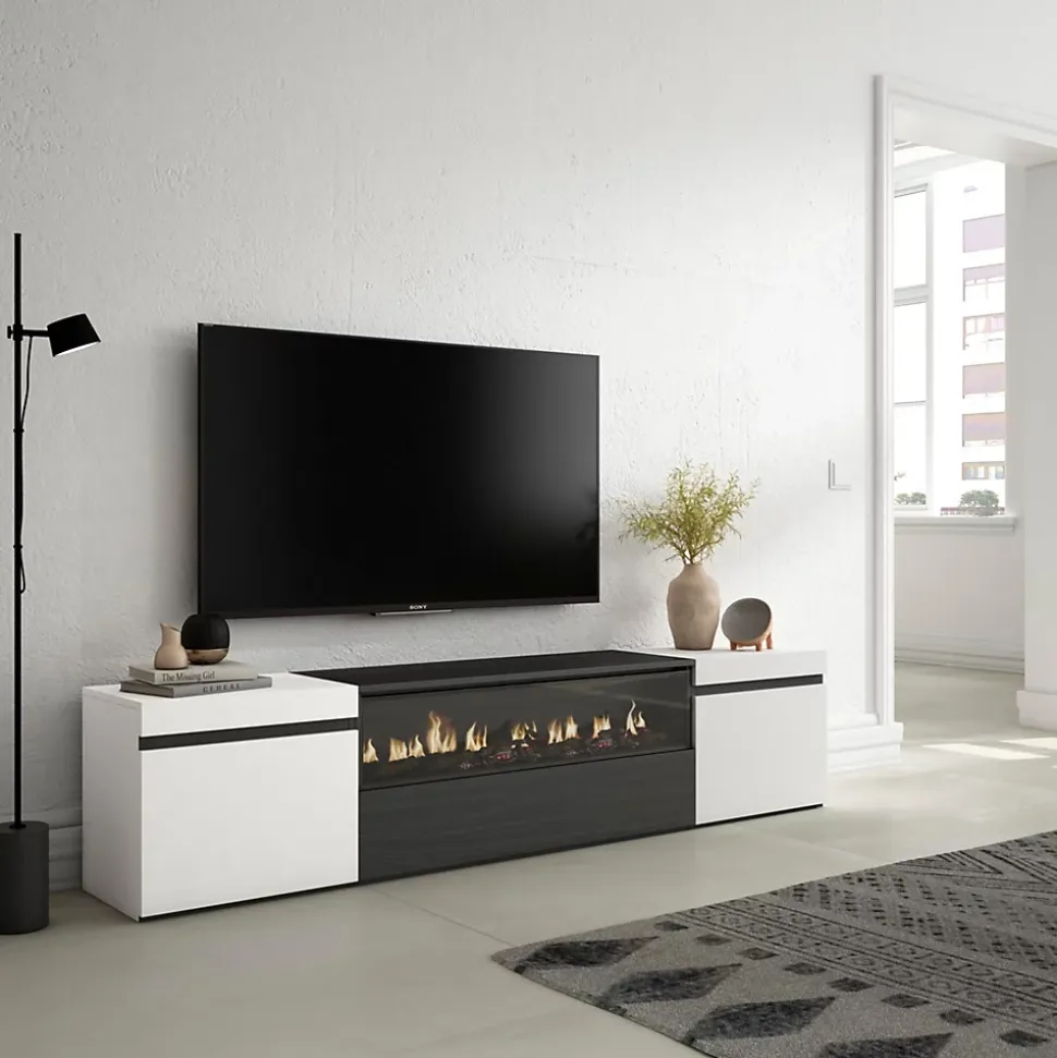 Meuble TV 200x35x45cm feu led sans chaleur couleur blanc et noir