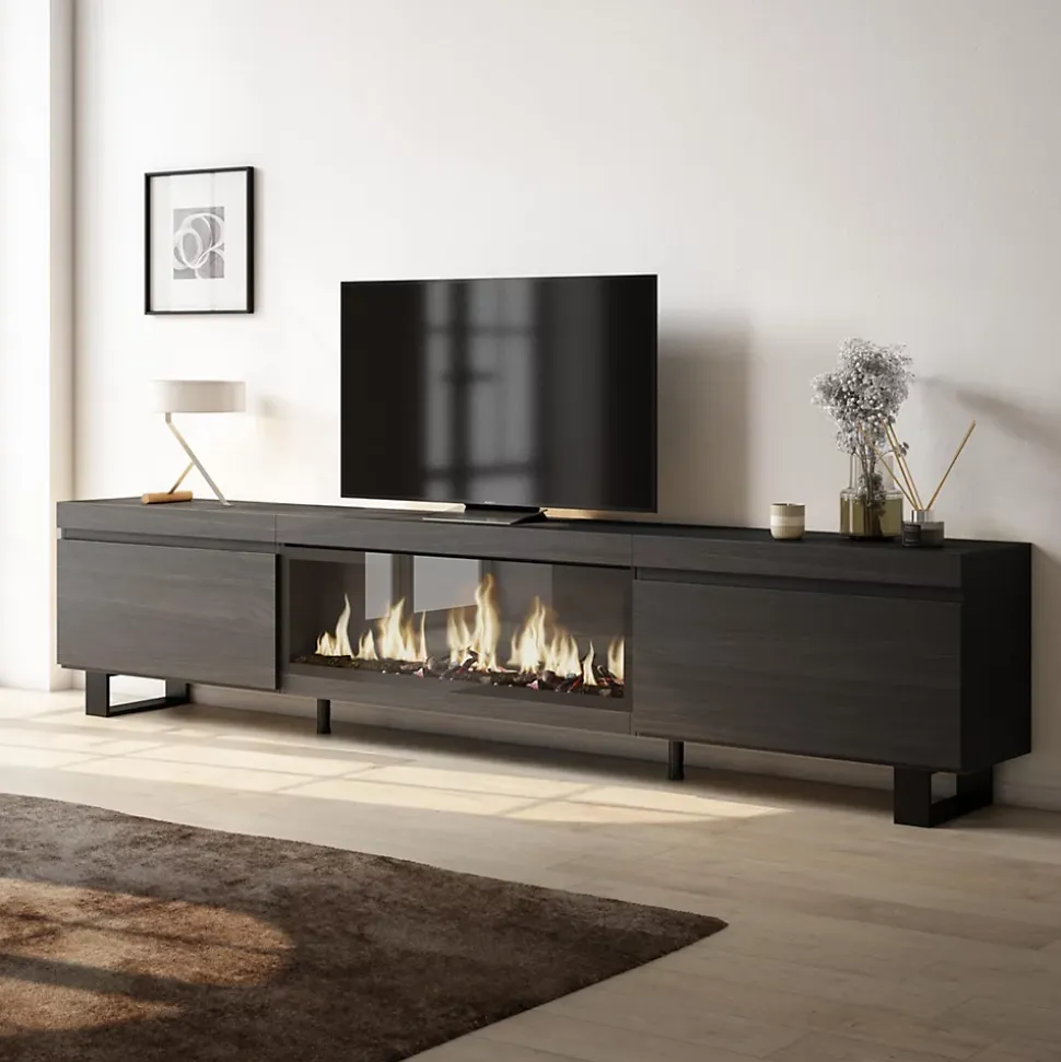 Meuble TV 267x35x57cm feu led sans chaleur XXL couleur noir