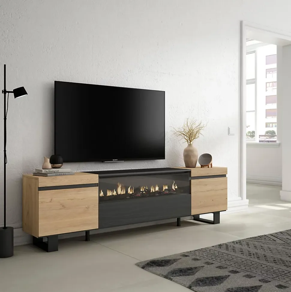 Meuble TV 200x35x57cm feu led sans chaleur couleur chêne et noir
