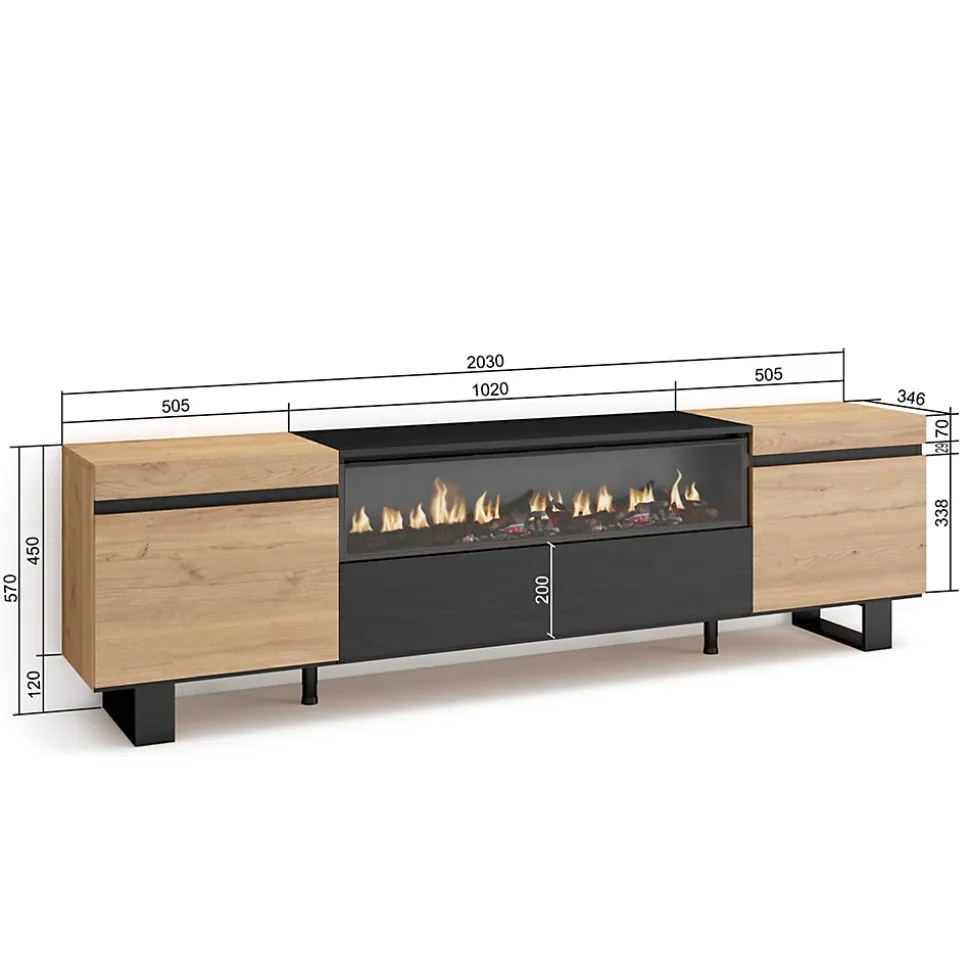 Meuble TV 200x35x57cm feu led sans chaleur couleur chêne et noir