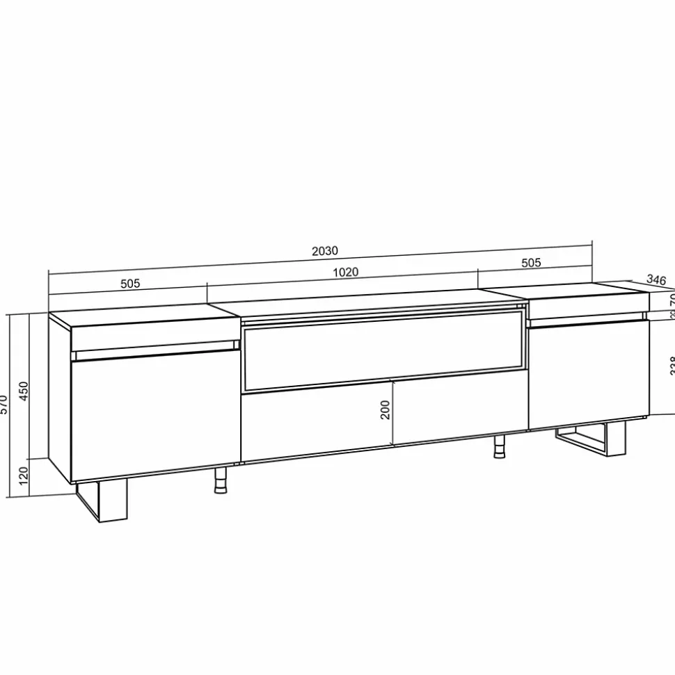 Meuble TV 200x35x57cm feu led sans chaleur couleur chêne et noir