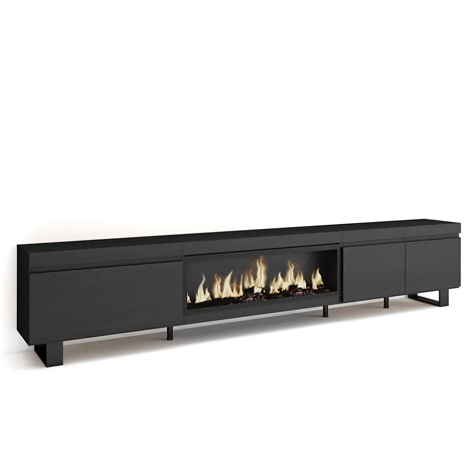 Meuble TV 288x35x57cm feu led sans chaleur XXL couleur noir
