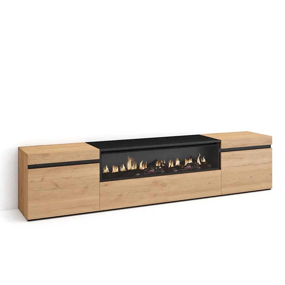 Meuble TV 200x35x45cm feu led sans chaleur couleur chêne et noir