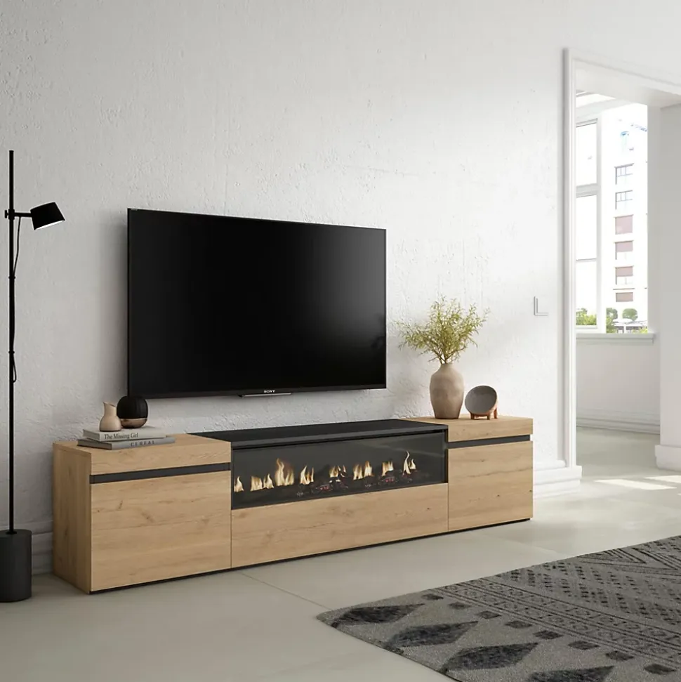 Meuble TV 200x35x45cm feu led sans chaleur couleur chêne et noir